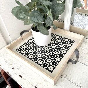 Floral Checkered Tray with Handles